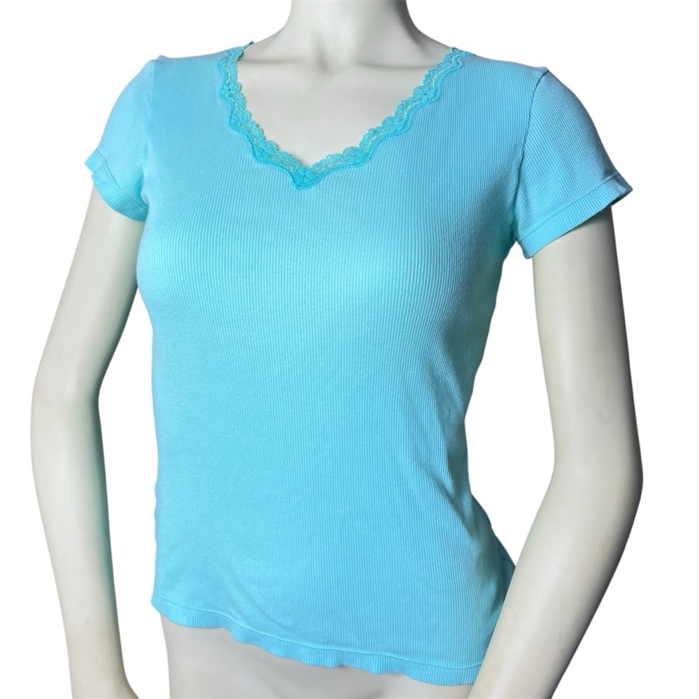 HUE Women’s Teal Lace Collar Medium Fitted Short Sleeve RibbedT-Shirt
